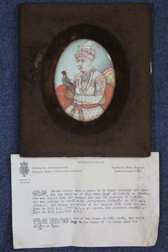 Indian School c.1890 Miniatures of Emperor Akba & Mughal Princess, Jodh Bai & Moti Bai, Largest 4 x 3in.